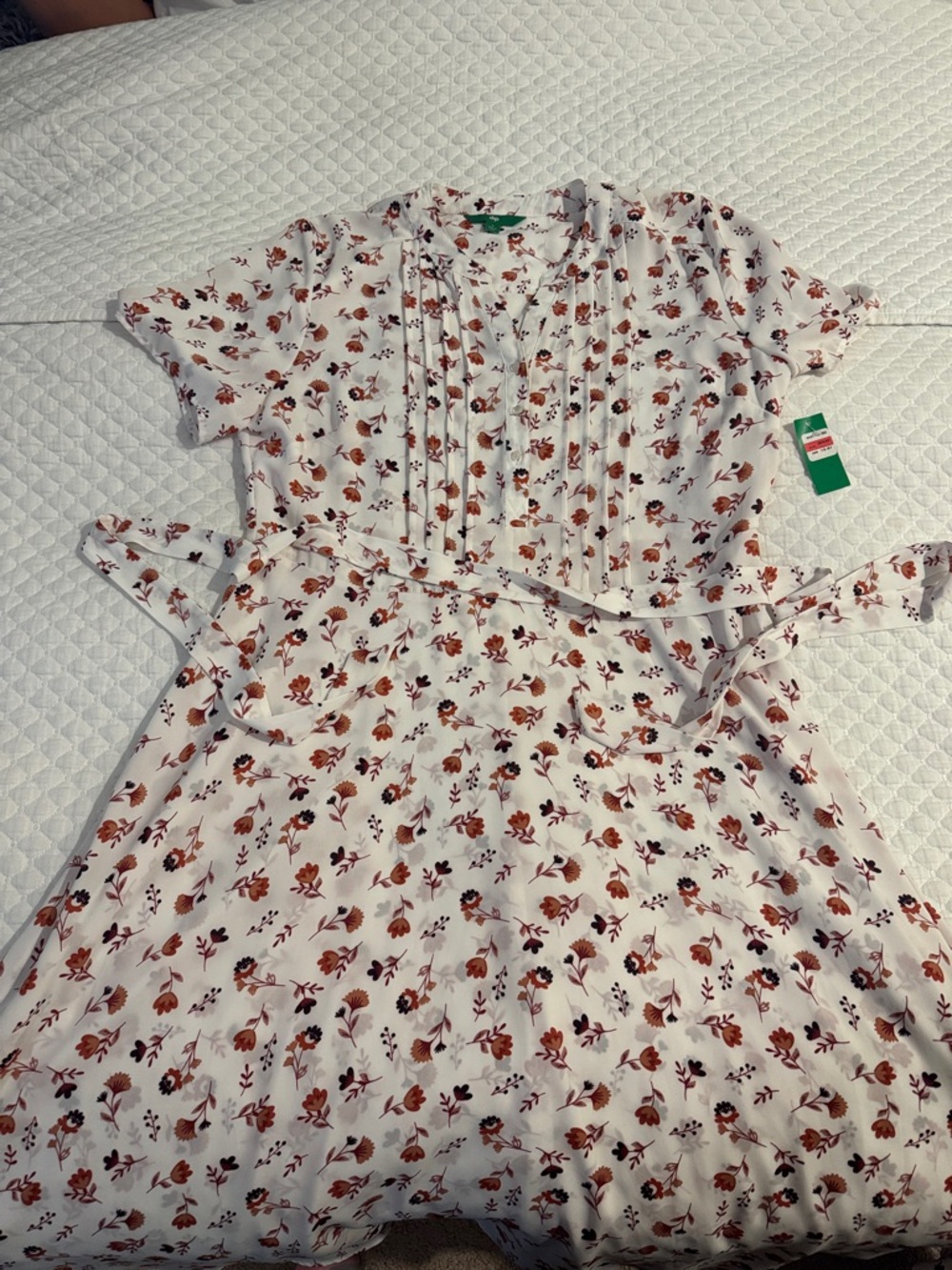 Floral Tie-Waist Dress - White with Rust Floral